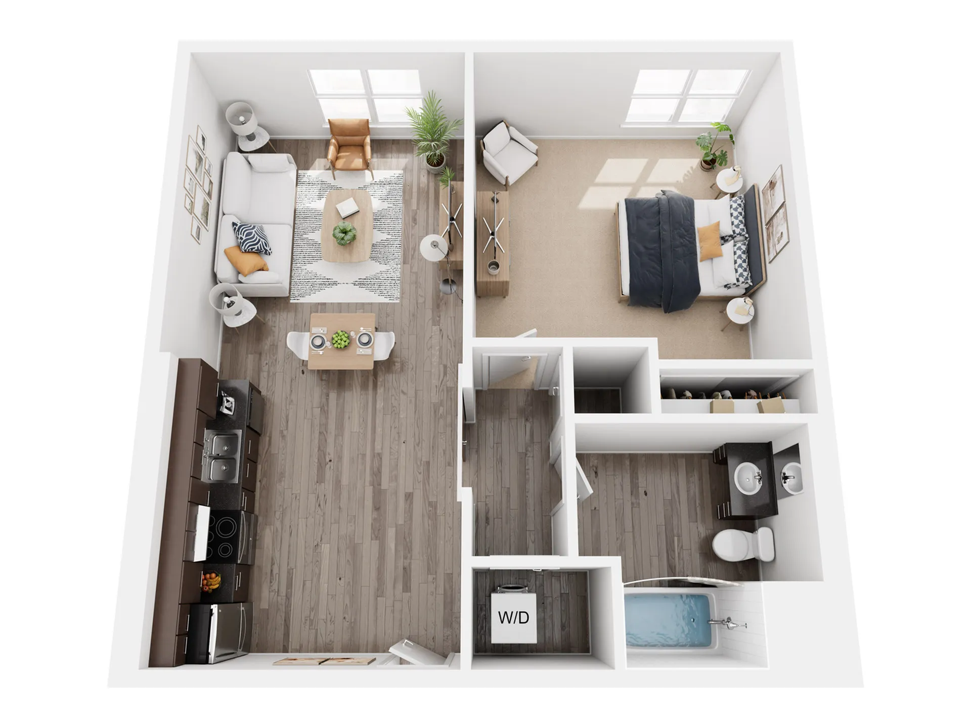 Modern 1-bedroom apartment floor plan showcasing a spacious open-concept living and dining area, stylish kitchen, and elegant bathroom.