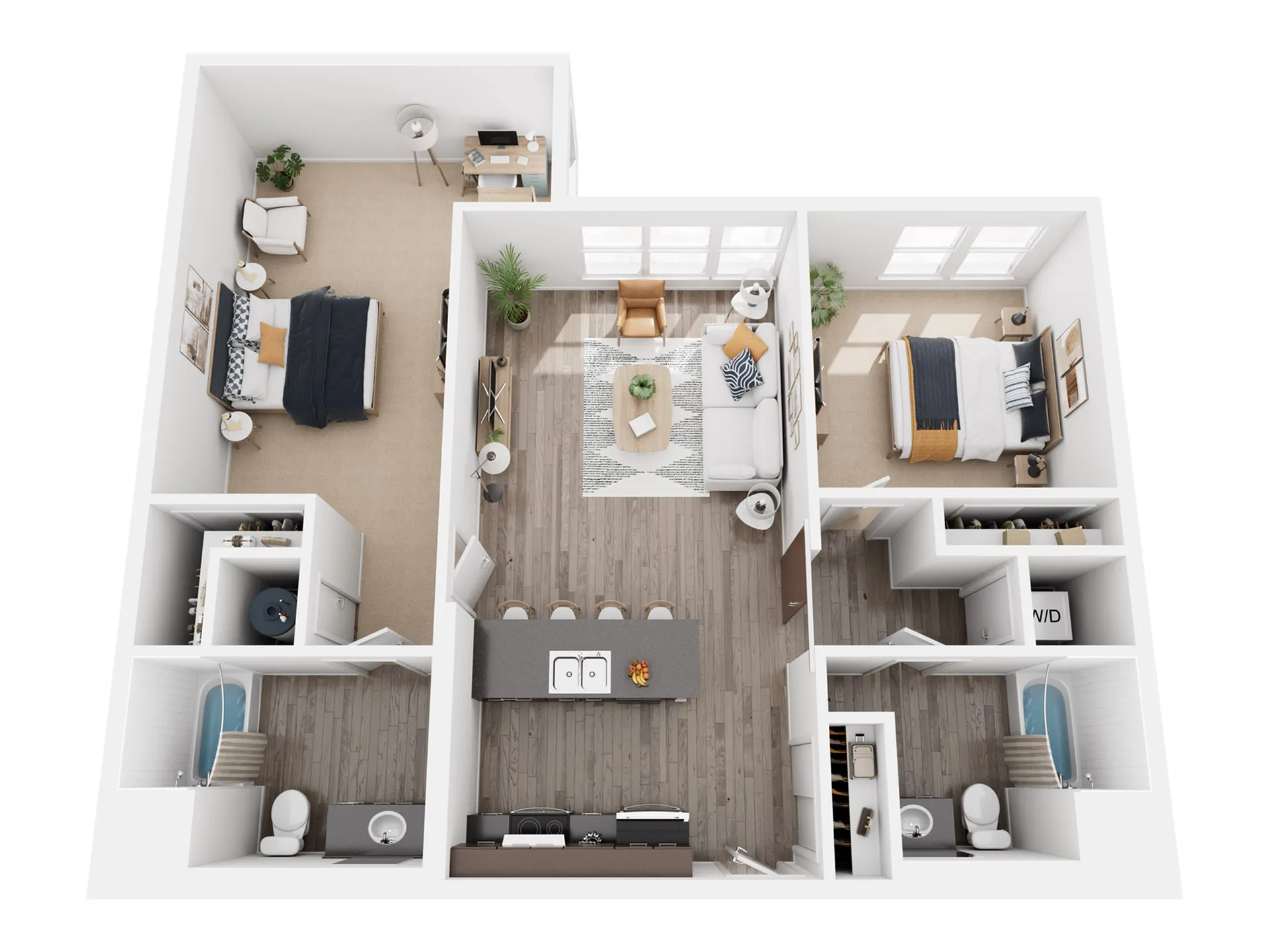 Contemporary 3D floor plan showcasing 2 bedrooms, a cozy living area, modern kitchen with island, and dual bathrooms.