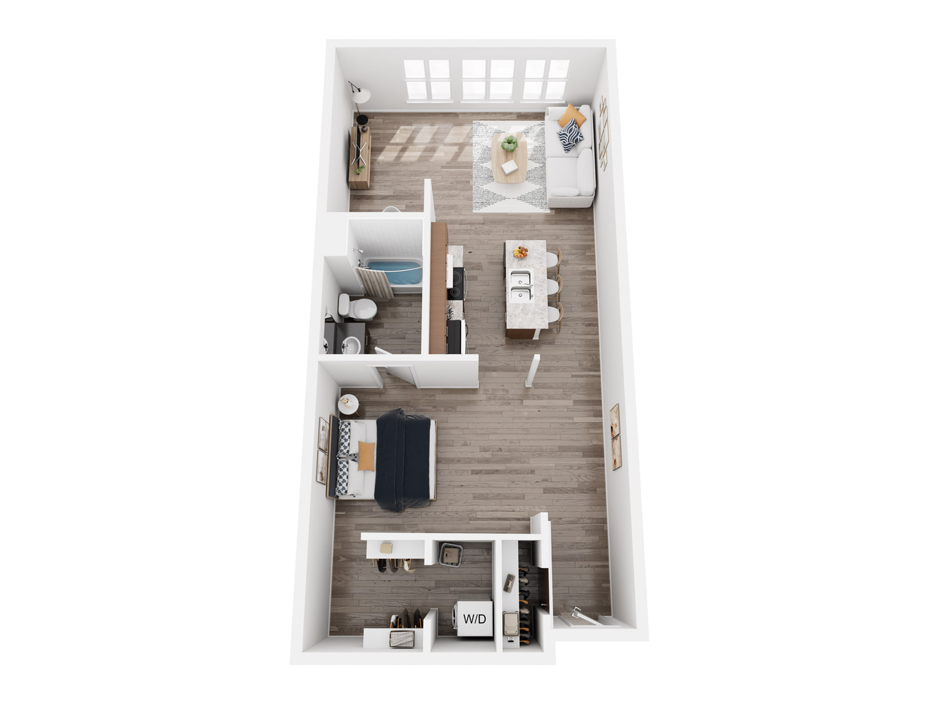Modern 3D floor plan showcasing a cozy 1-bedroom apartment with open-concept living area, sleek kitchen, and spacious bathroom.