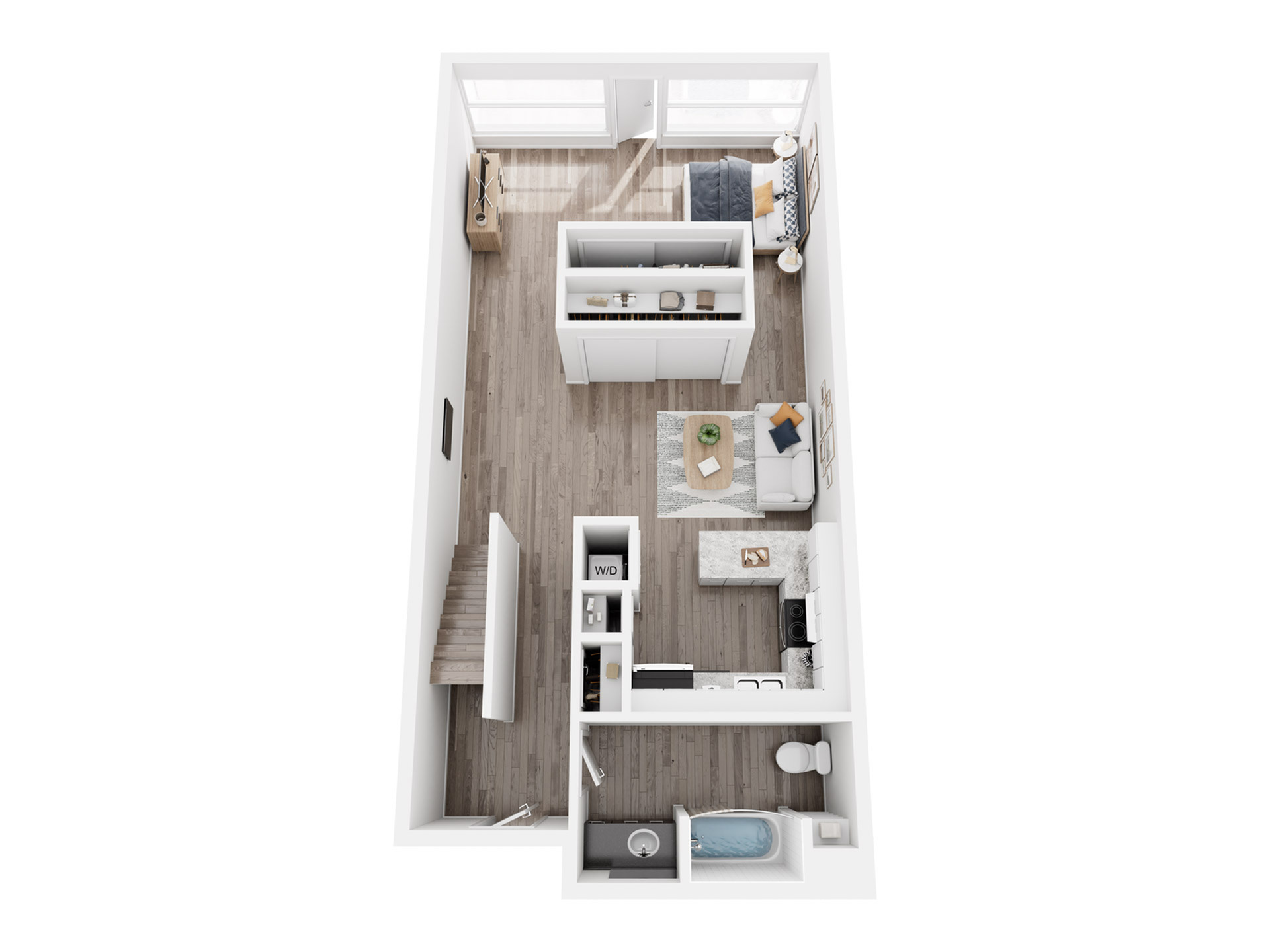 Modern studio apartment floor plan featuring an open-concept kitchen, cozy living area, and a stylish bedroom with natural light.