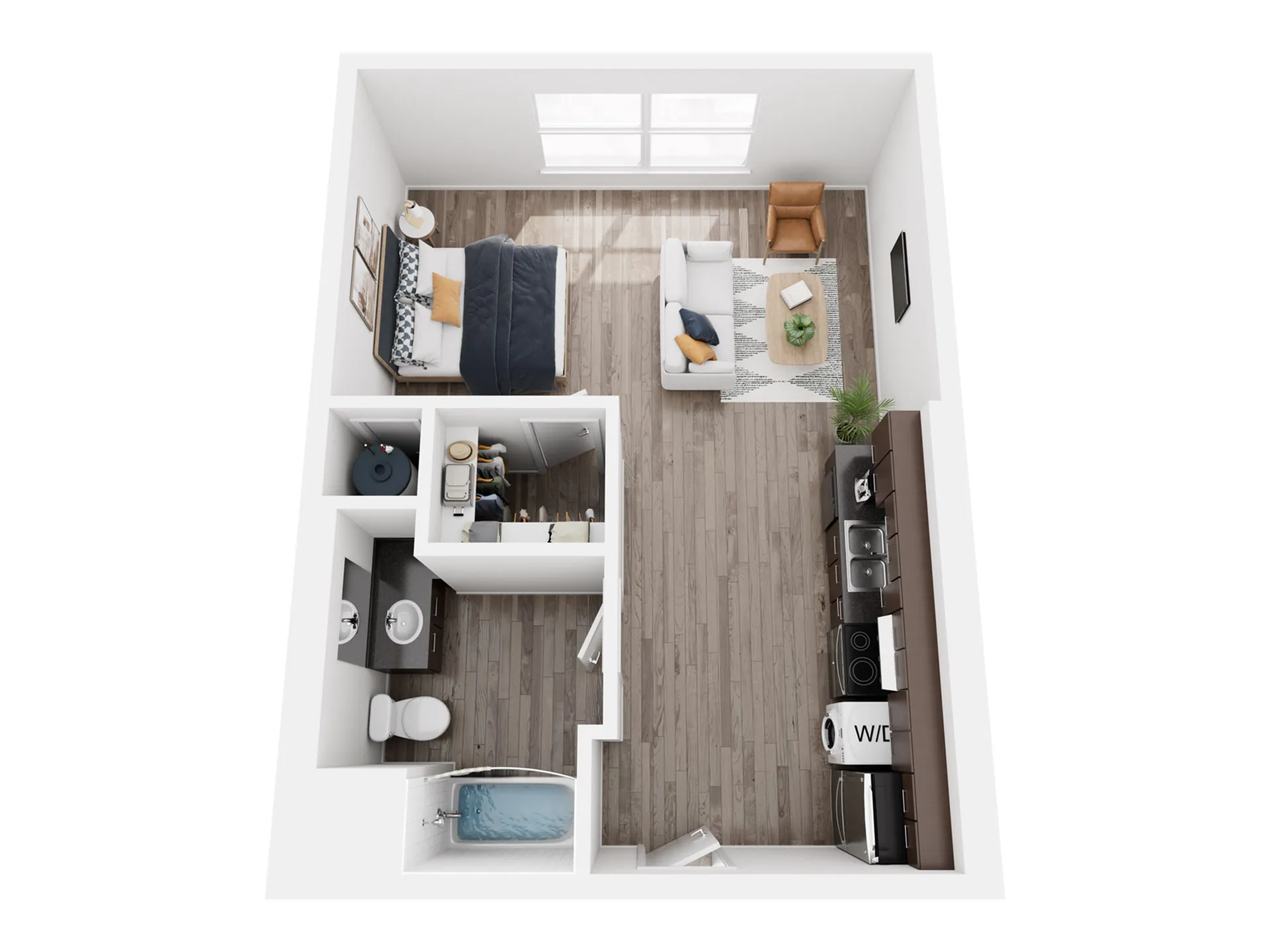 Modern studio apartment 3D layout featuring an open living area, stylish bedroom, and sleek kitchen.