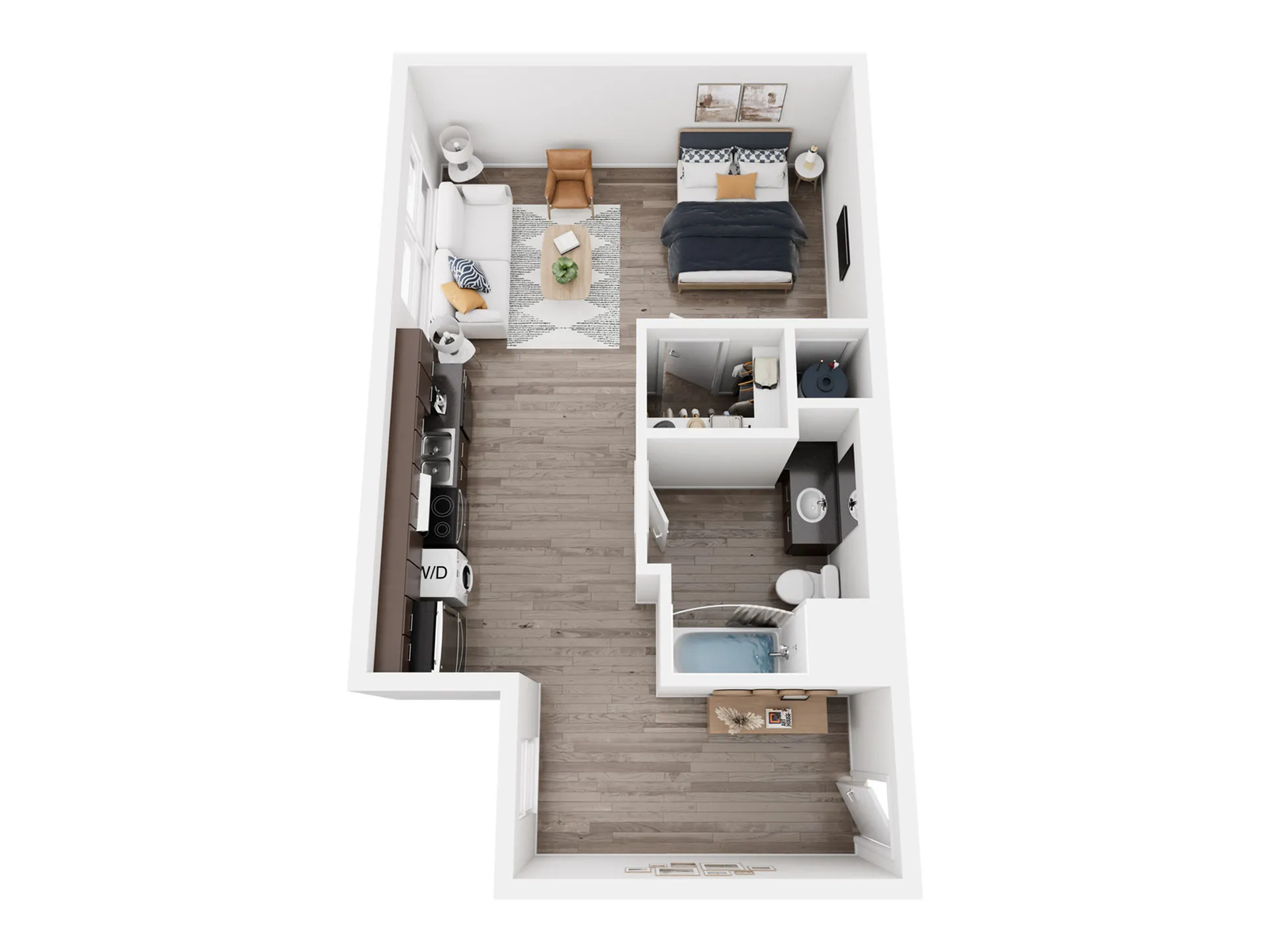 Modern 3D floor plan showcasing an open-concept studio with a cozy living area, efficient kitchen, and stylish bathroom.