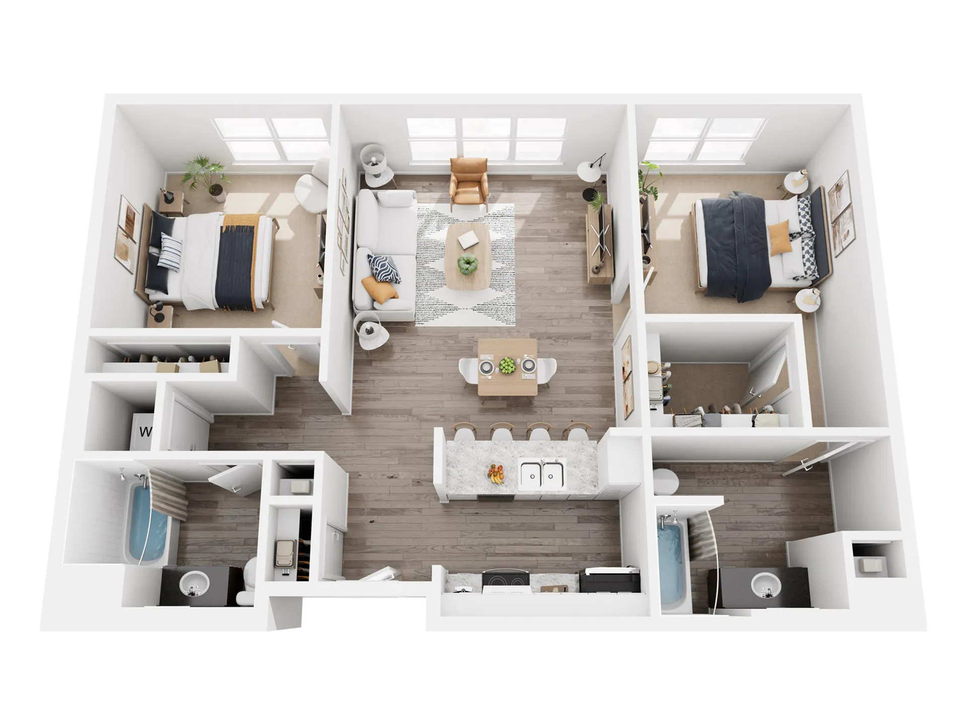 Modern 2D floor plan featuring 2 stylish bedrooms, an open living area, chic kitchen with breakfast bar, and sleek bathroom.
