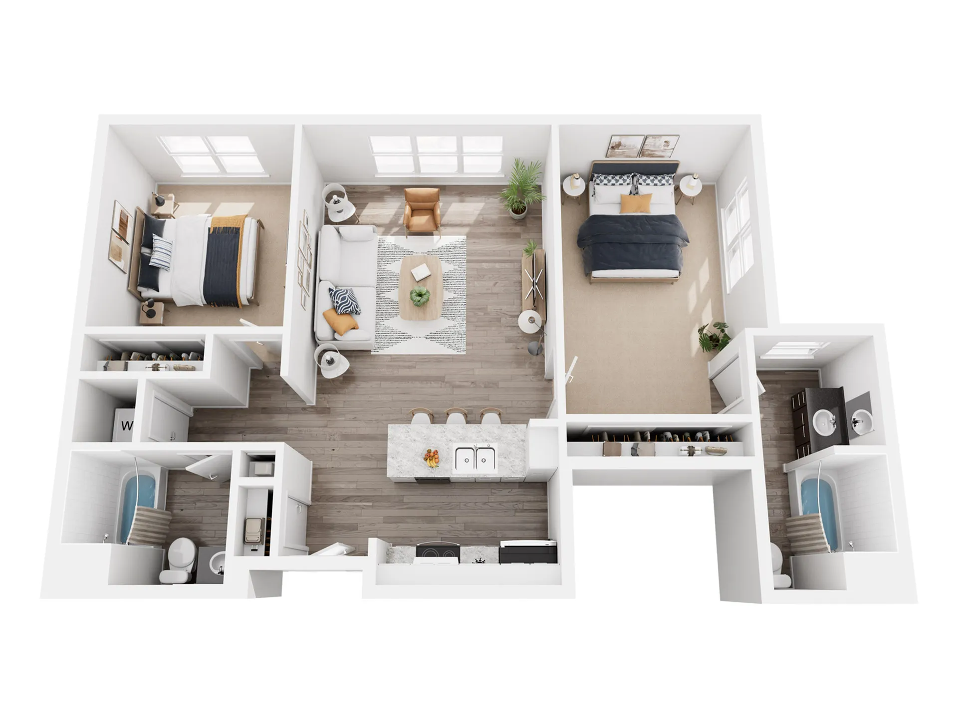 Modern 3D floor plan showcasing 2 spacious bedrooms, an open living area, a sleek kitchen with an island, and two elegant bathrooms.