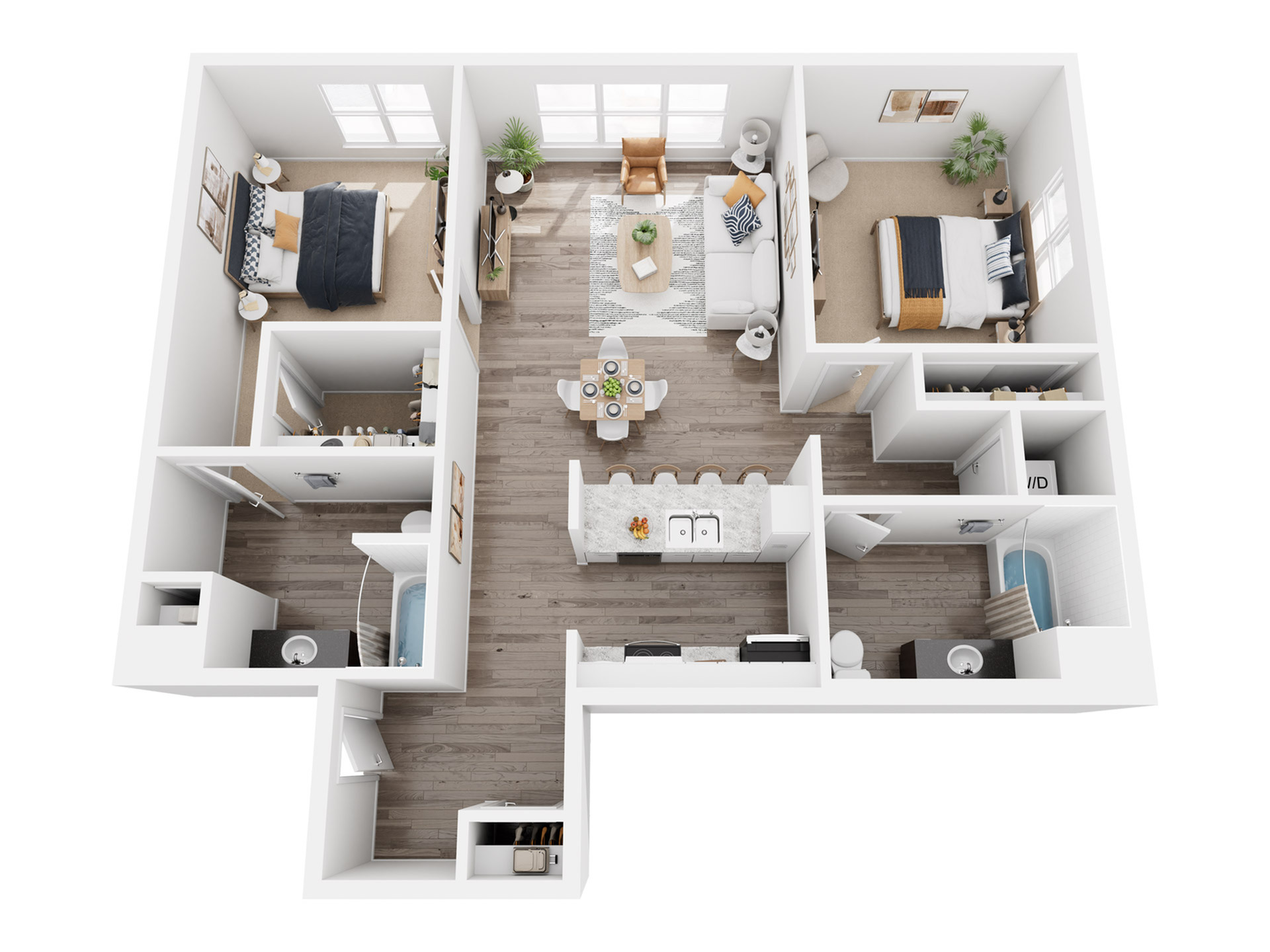 Charming 3D floor plan showcasing 2 bedrooms, stylish open-plan living and dining area, modern kitchen with breakfast bar, and elegant wood flooring.