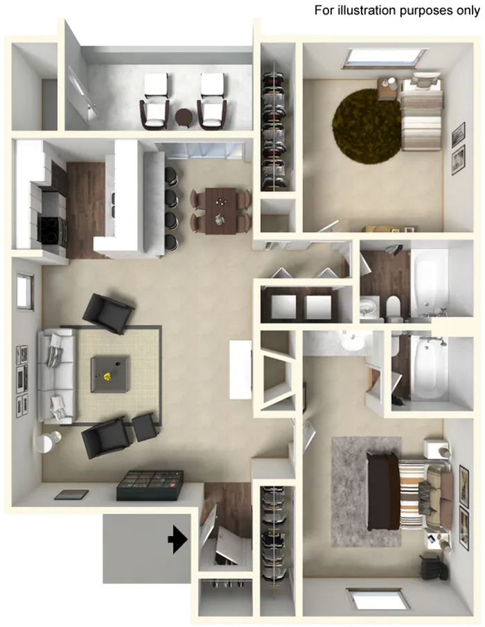 Chic 3D floor plan showcasing a modern apartment with two bedrooms, stylish living room, open kitchen with bar seating, and spacious bathroom.