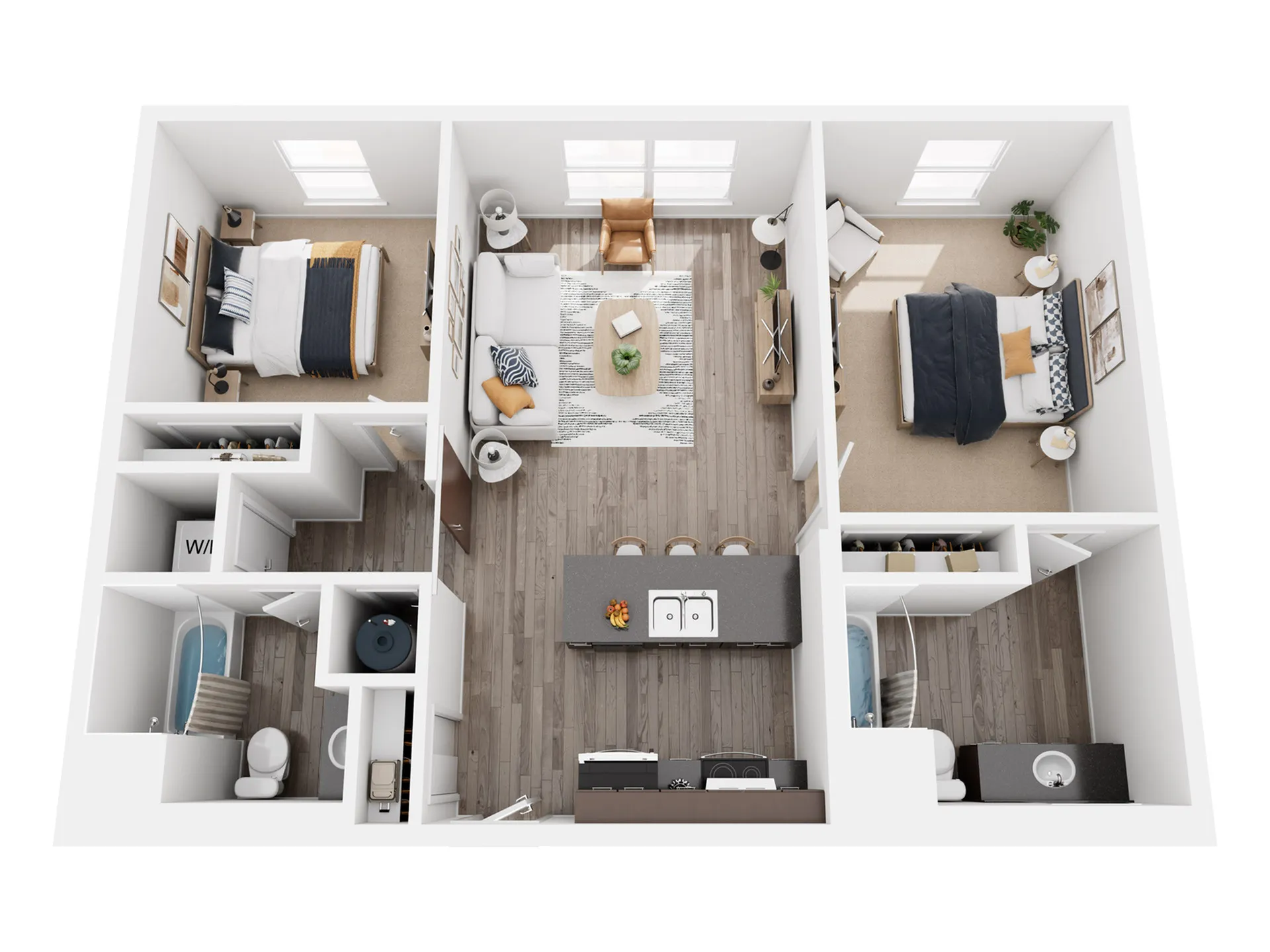 Modern 3D floor plan showcasing two elegant bedrooms, a cozy living area, sleek kitchen with island, and two stylish bathrooms.