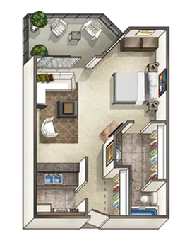 Charming studio apartment floor plan with cozy living space, compact kitchen, and a delightful outdoor patio area.
