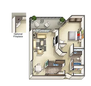 Charming floor plan showcasing a cozy 1-bedroom apartment with an optional fireplace, elegant living area, and stylish balcony.