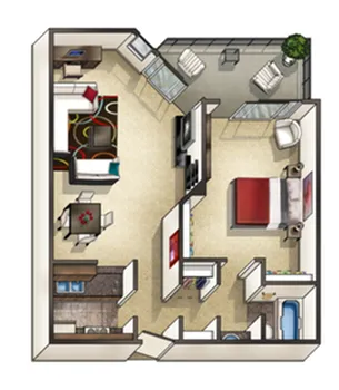 Inviting floor plan showcasing 1 bedroom, stylish living area, cozy dining space, and a charming balcony.