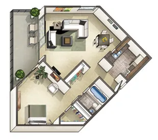 Innovative floor plan featuring a cozy bedroom, stylish living area, sleek kitchen, and modern bathroom, designed for elegant urban living.