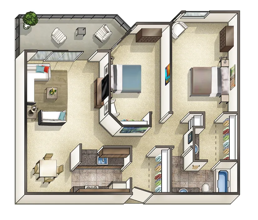 Chic 3D floor plan showcasing a modern 2-bedroom apartment with an open-concept living and dining area, a sleek kitchen, and a spacious balcony perfect for relaxation.
