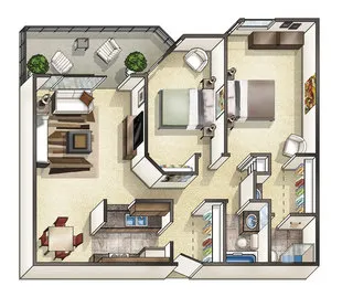 Charming floor plan showcasing 2 cozy bedrooms, a modern kitchen, elegant living area, and inviting outdoor patio.