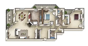 Charming 2-bedroom floor plan with open-concept living, cozy dining nook, and modern kitchen.