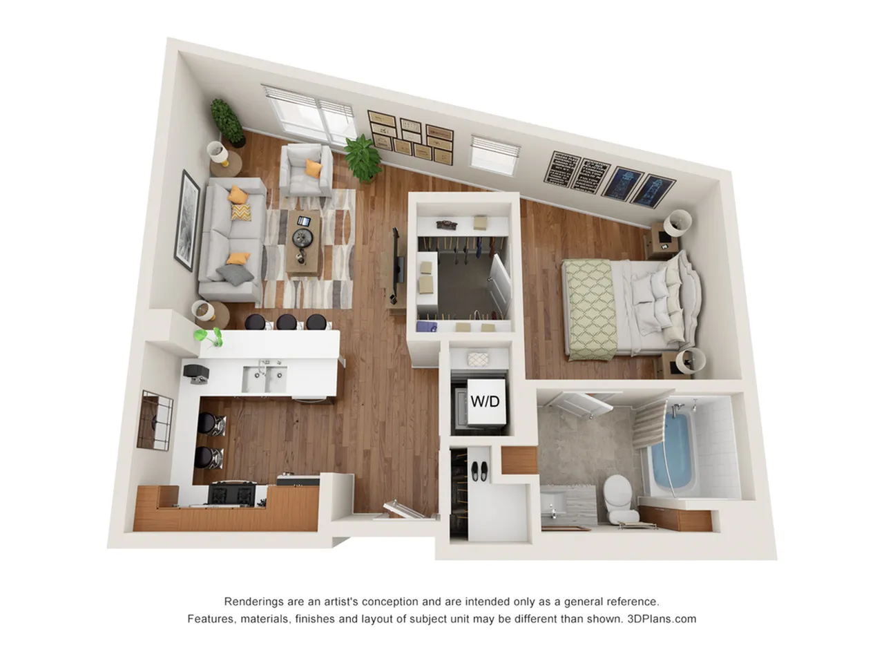 Modern 3D floor plan showcasing a cozy 1-bedroom apartment with an open-concept living and dining area, stylish kitchen, and spacious bathroom.