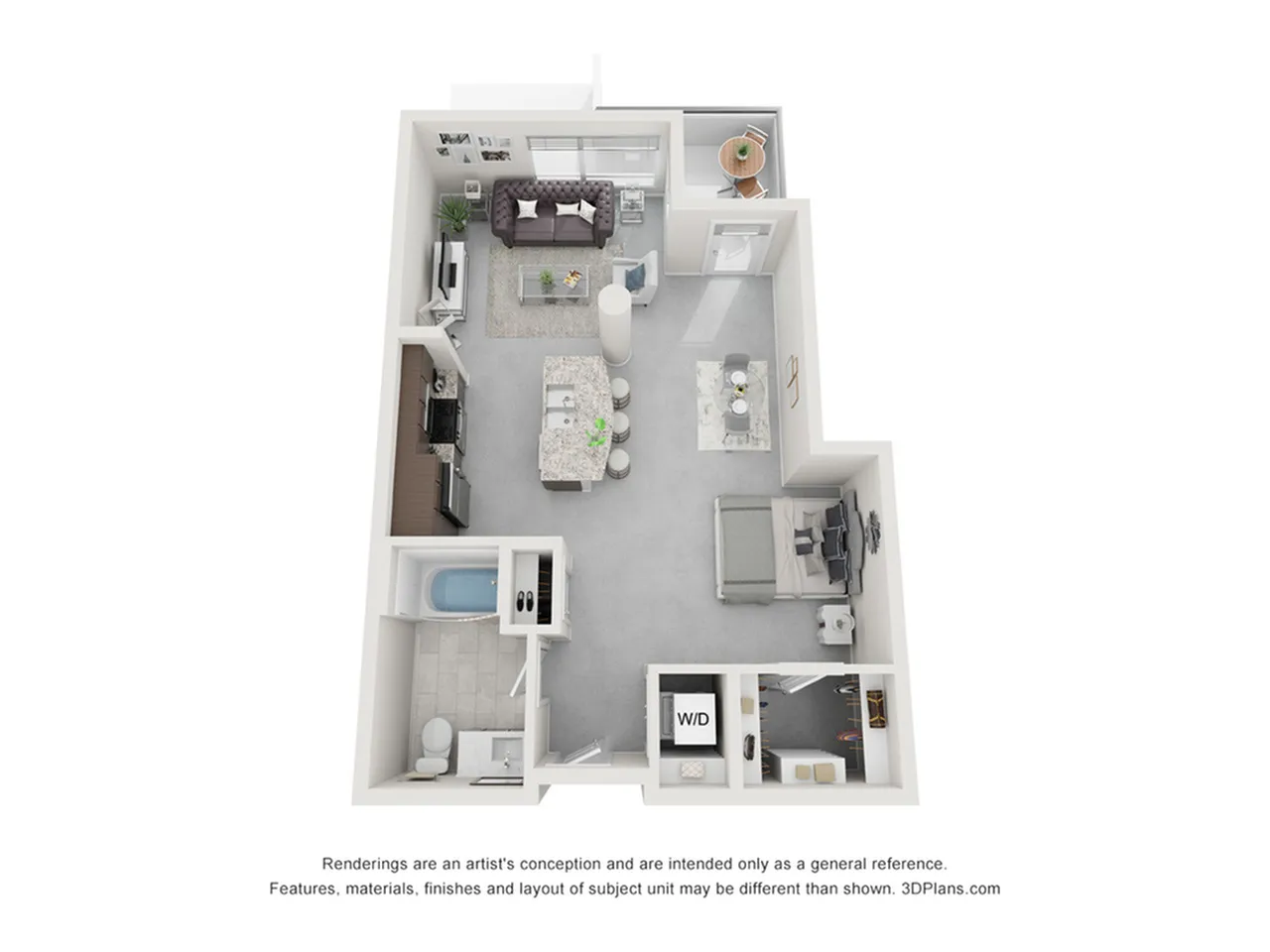 Modern 3D floor plan showcasing a stylish apartment with an open-concept living area, cozy bedroom, sleek kitchen, and a luxurious bathroom.