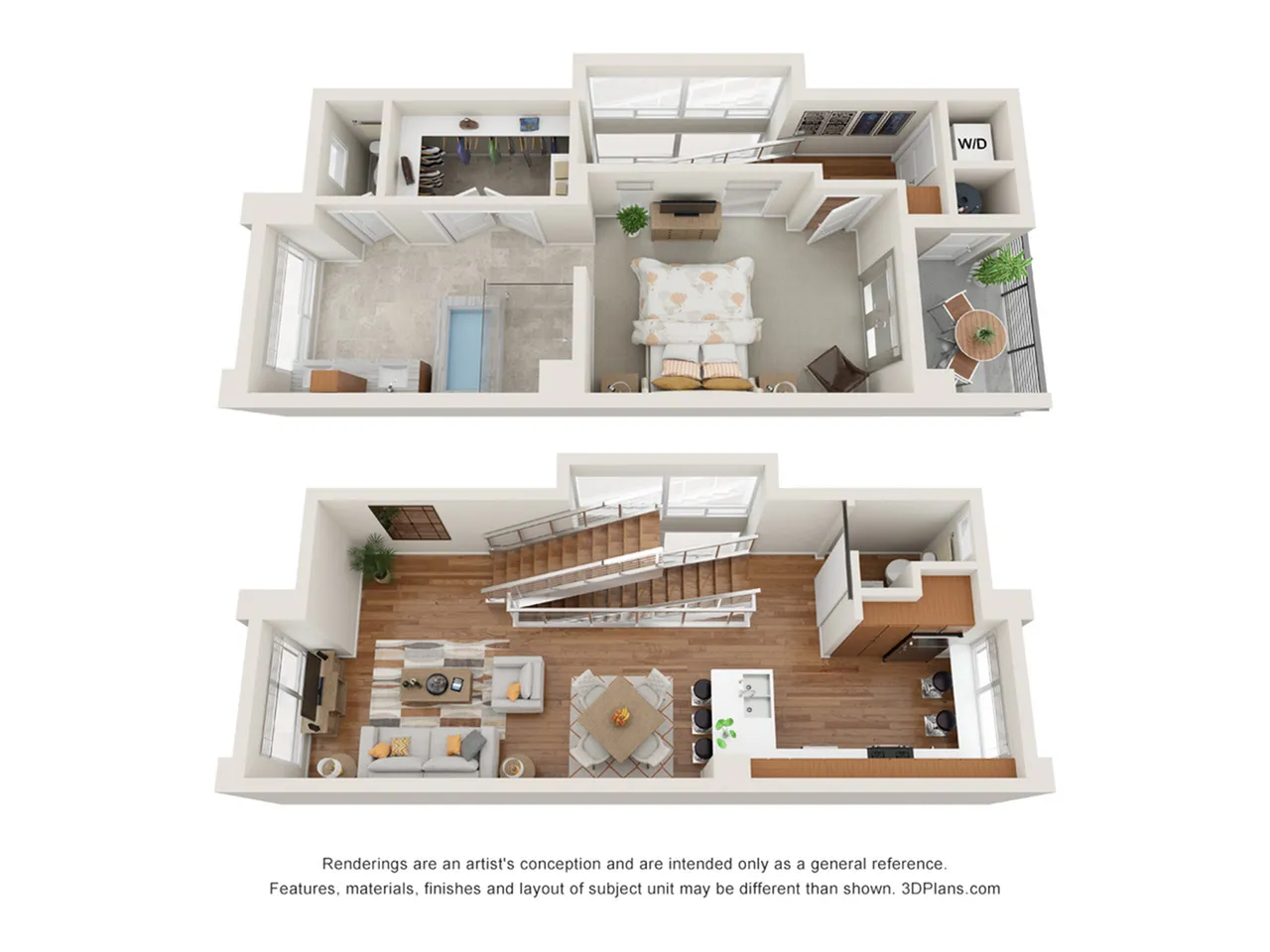 Chic two-level floor plan with a cozy bedroom, spacious living area, modern kitchen, and stylish bathroom, featuring elegant wooden flooring and natural lighting.