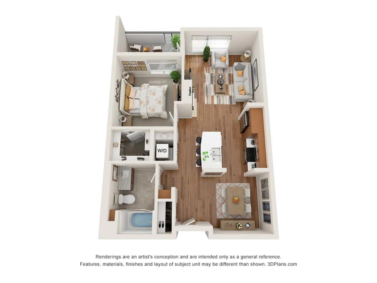 Inviting 3D floor plan showcasing one bedroom, a bright open-concept living area, a modern kitchen, and a cozy balcony space.