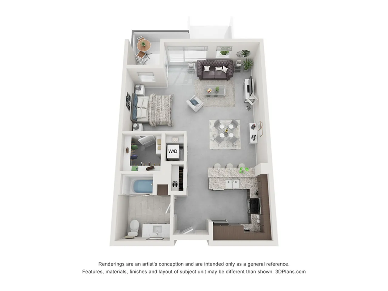 Modern 3D floor plan showcasing a cozy one-bedroom apartment with open living area, stylish kitchen, and private balcony.