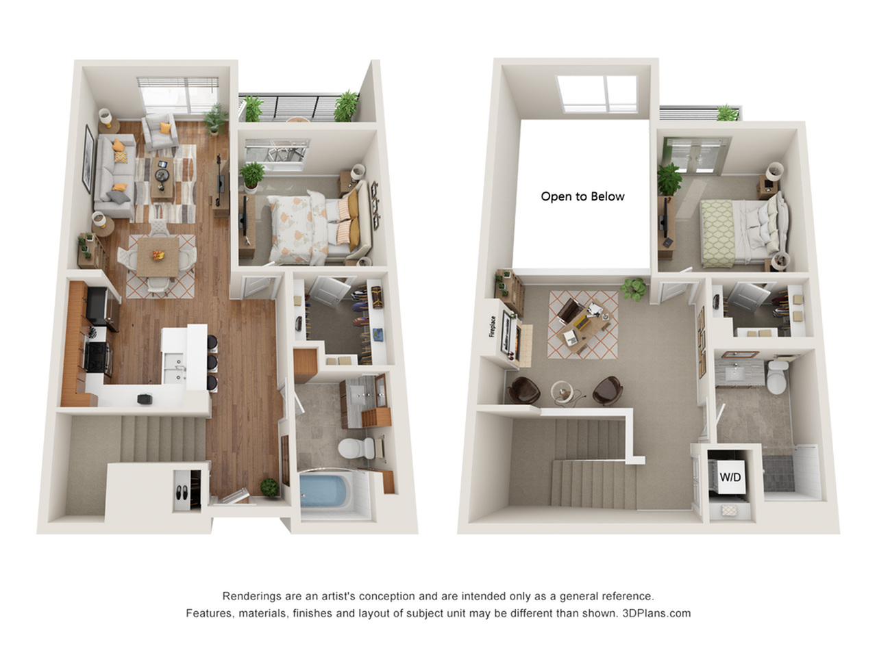 Modern two-level floor plan featuring two bedrooms, an open living area, stylish kitchen, and a cozy balcony.