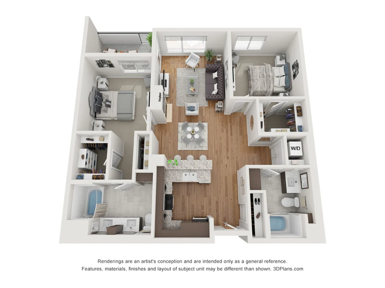 Modern 3D floor plan of a stylish apartment featuring two cozy bedrooms, an open-concept living and dining area, a contemporary kitchen, and convenient in-unit laundry.