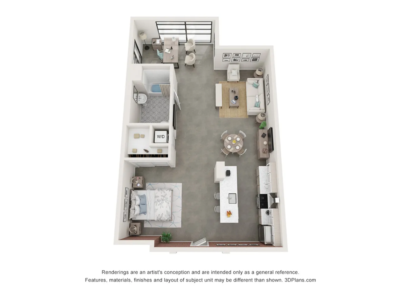 Modern 3D floor plan showcasing a cozy studio apartment with a spacious open-living area, stylish kitchen, and charming study nook.