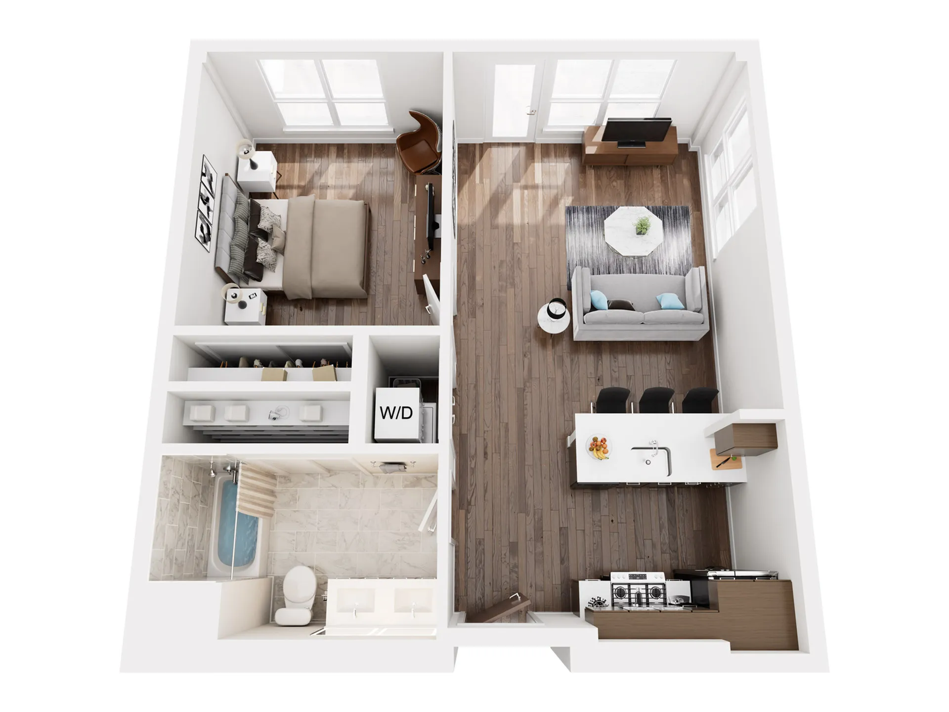 Modern 3D apartment floor plan showcasing an elegant one-bedroom layout with an open-concept living area, sleek kitchen, and stylish bathroom.