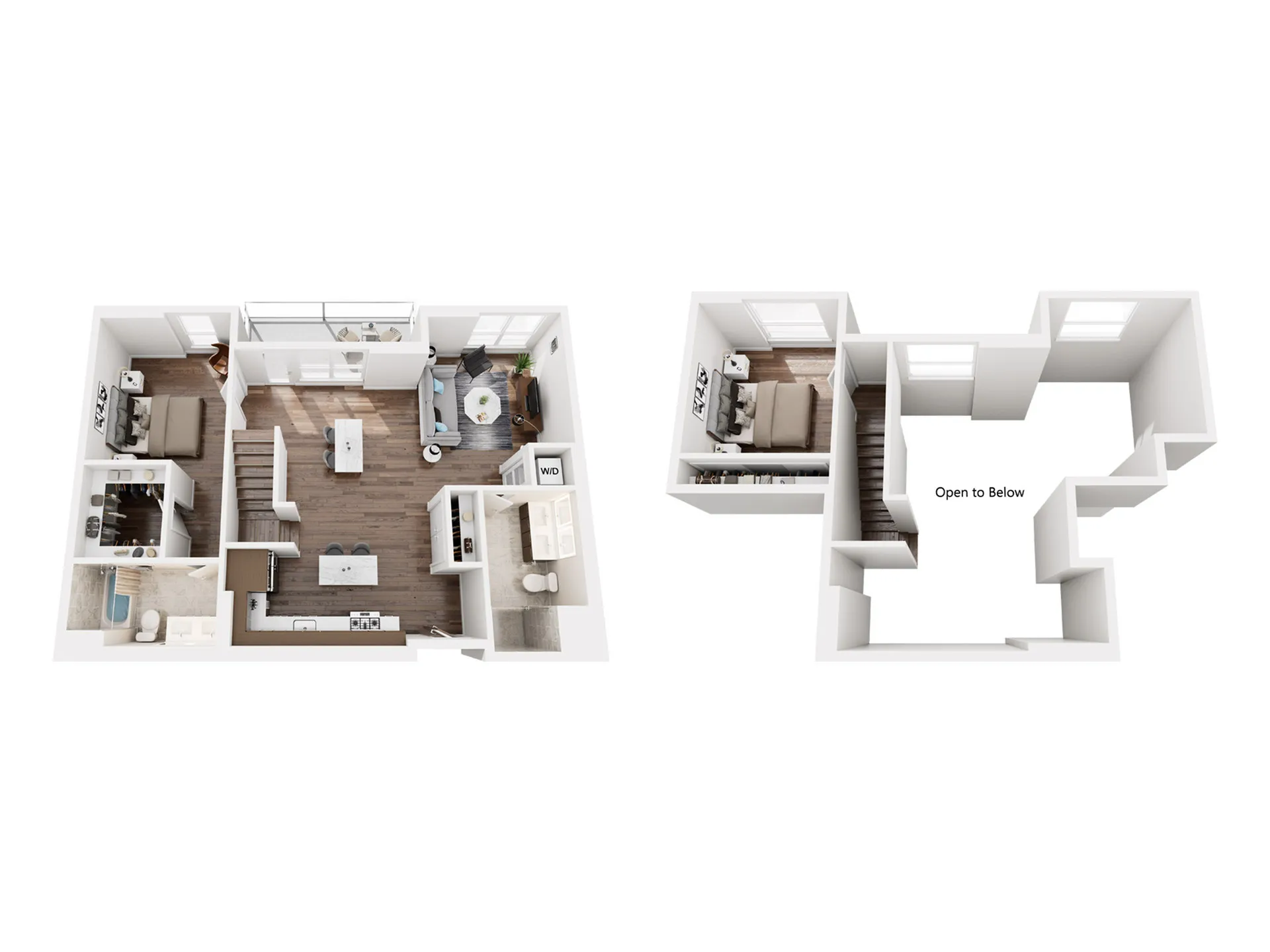 Modern 3D floor plan featuring 2 bedrooms, open-concept living area, elegant kitchen, and spacious balcony. Includes a unique loft design with \'open to below\' feature.