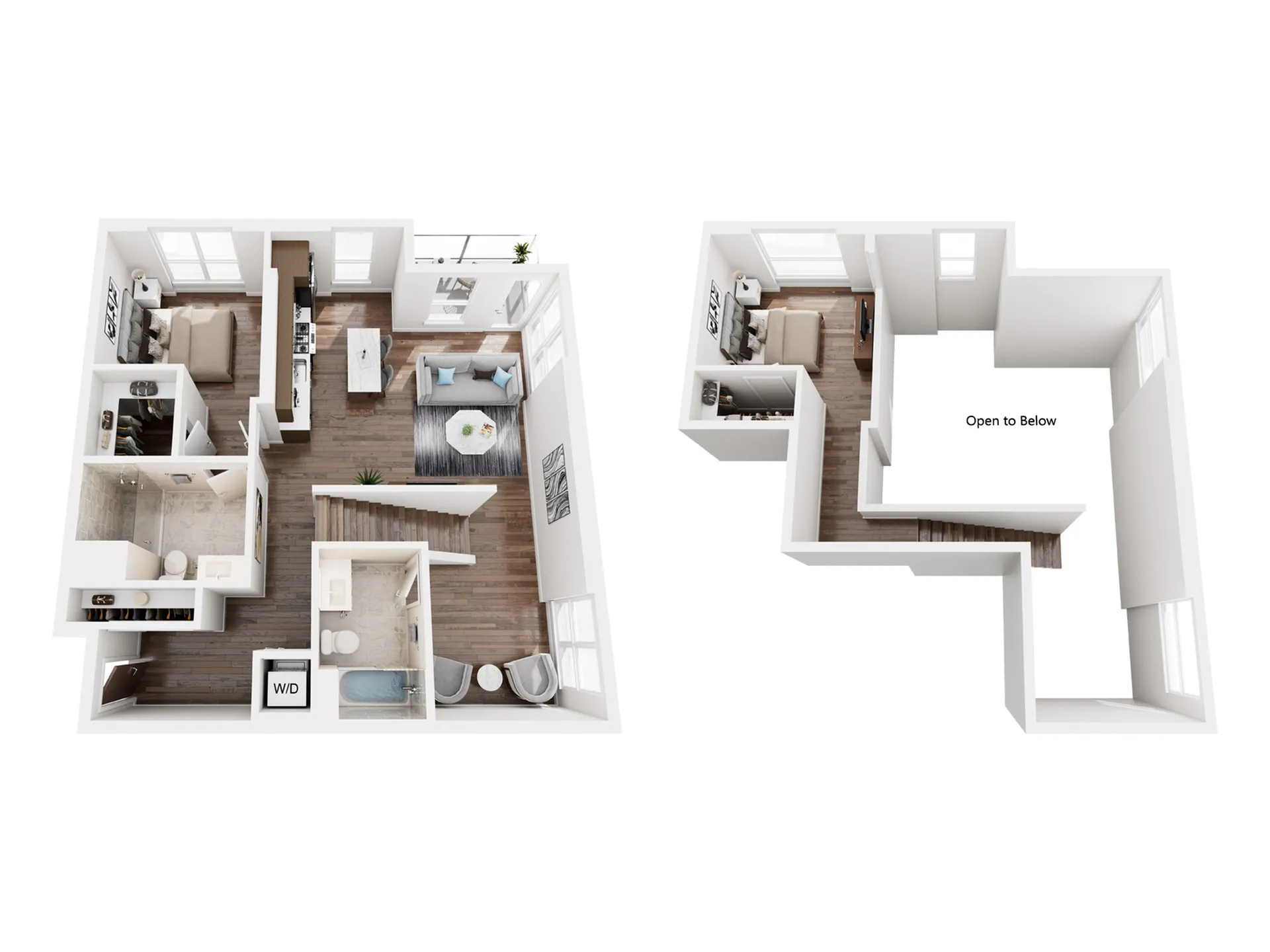 Chic 3D floor plan of a stylish duplex featuring two bedrooms, a modern kitchen, and an inviting living area with ample natural light. Includes a unique \'open to below\' space for an airy feel.