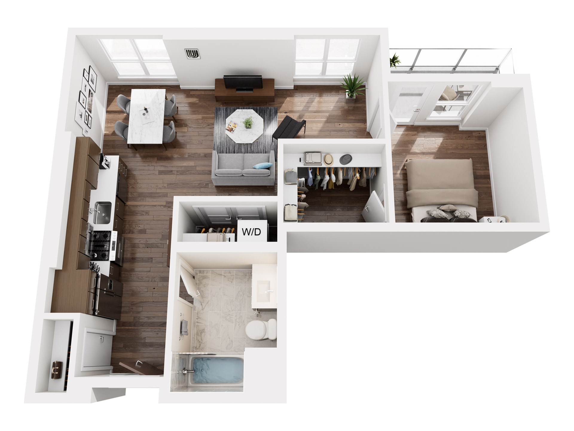 Modern one-bedroom apartment floor plan with open-concept living area, stylish kitchen, and large windows for natural light.