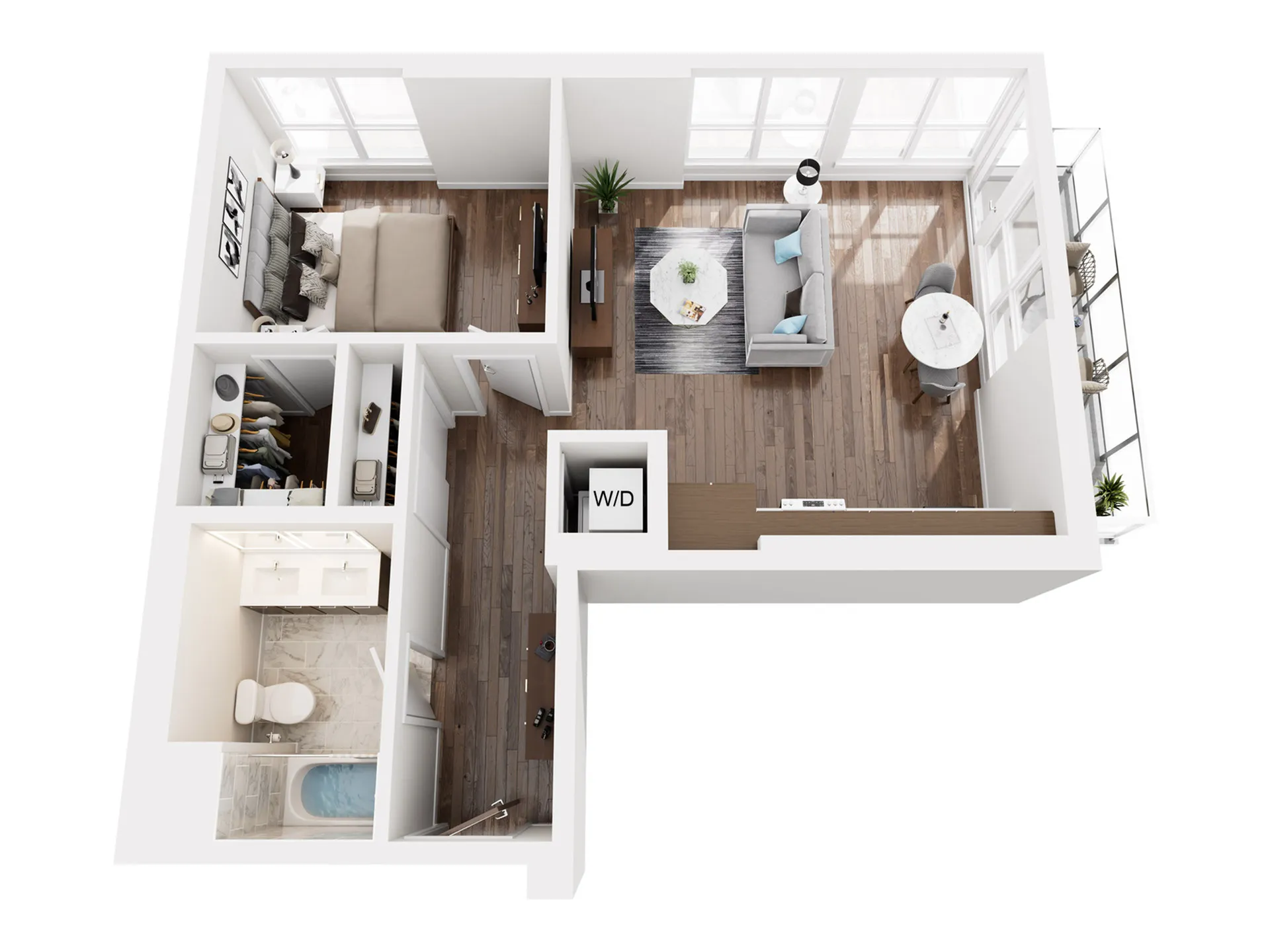 Elegant apartment floor plan with one bedroom, modern open-concept living and dining area, and stylish bathroom featuring hardwood floors and large windows.