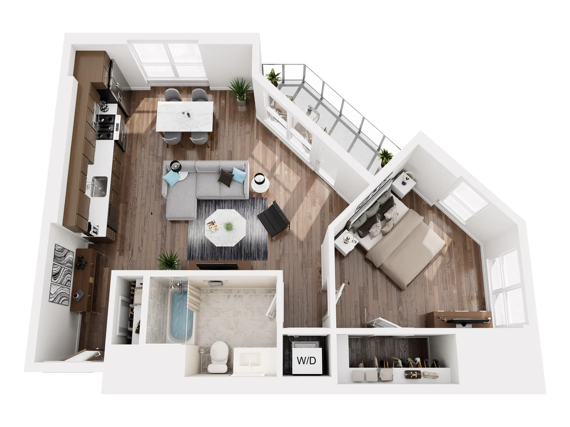 Modern apartment floor plan featuring a cozy bedroom, stylish living area, sleek kitchen, and a private balcony.