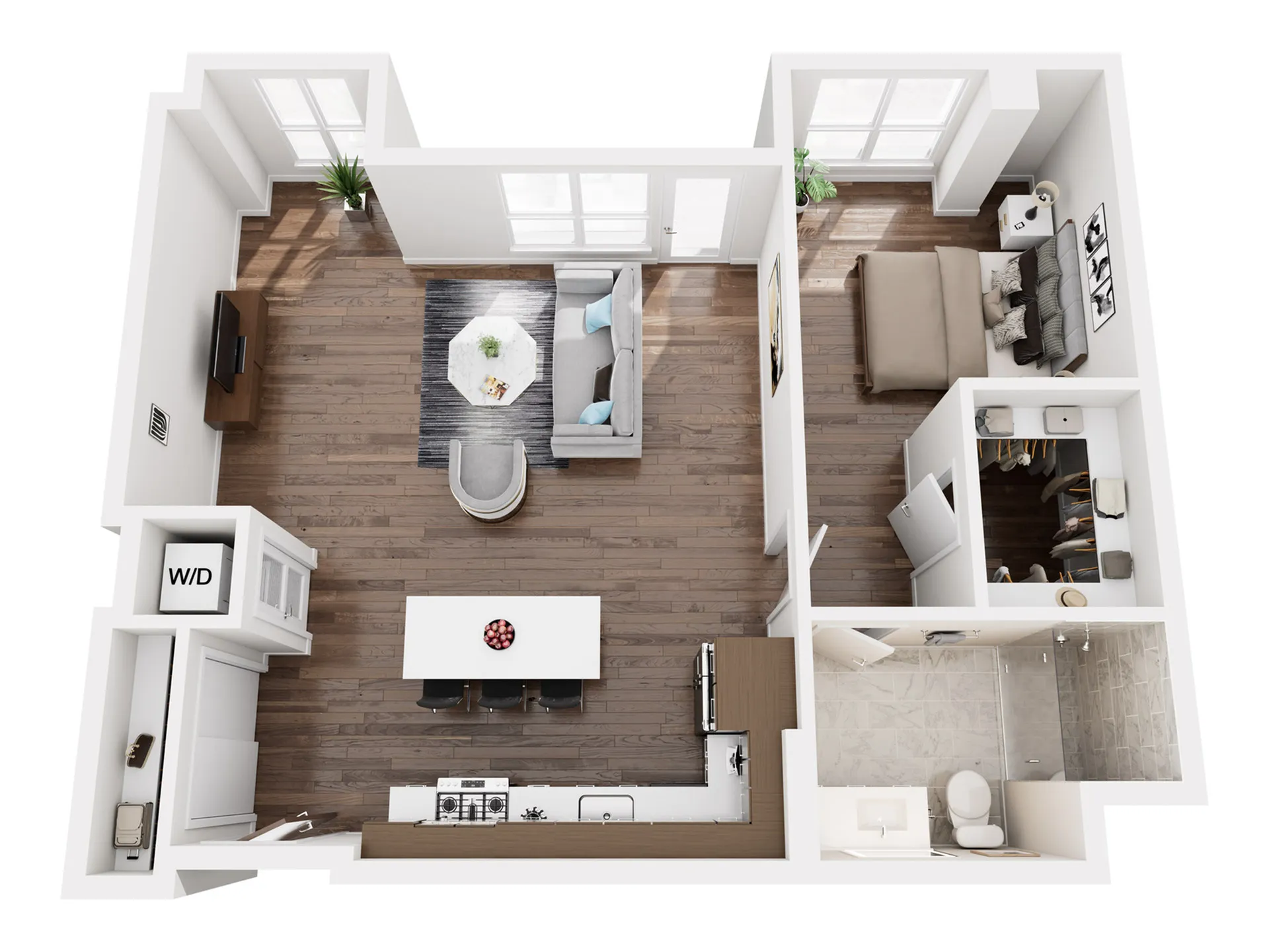 Chic apartment layout with an open living area, modern kitchen, cozy bedroom, and elegant bathroom, perfect for urban living.