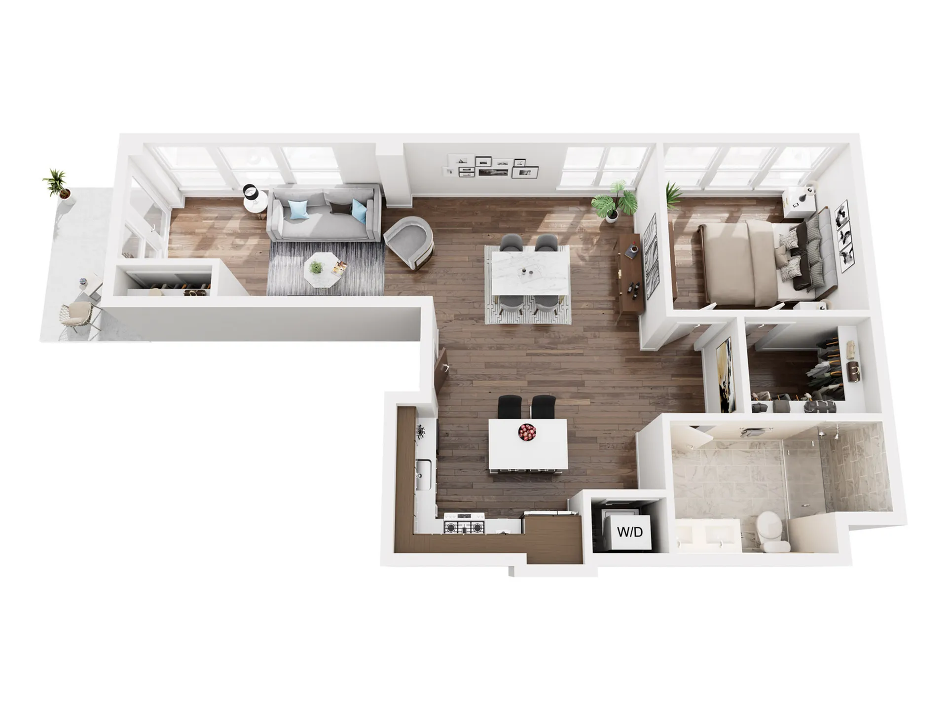 Modern floor plan showcasing an elegant 1-bedroom apartment with an open living area, sleek kitchen, and spacious bathroom, complete with stylish hardwood flooring.