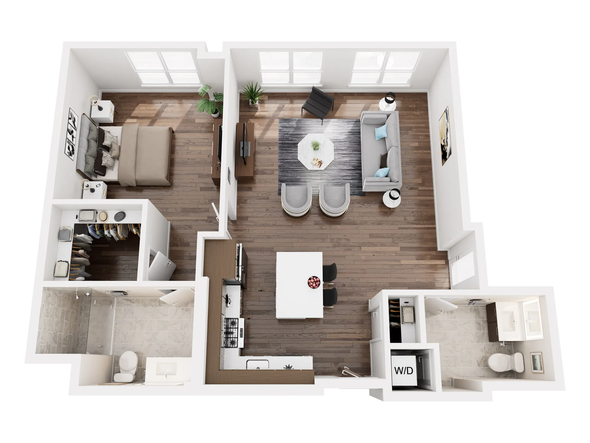 Vibrant 3D apartment floor plan showcasing a cozy bedroom, modern kitchen with dining area, spacious living room, and two sleek bathrooms, complete with hardwood floors and large windows.