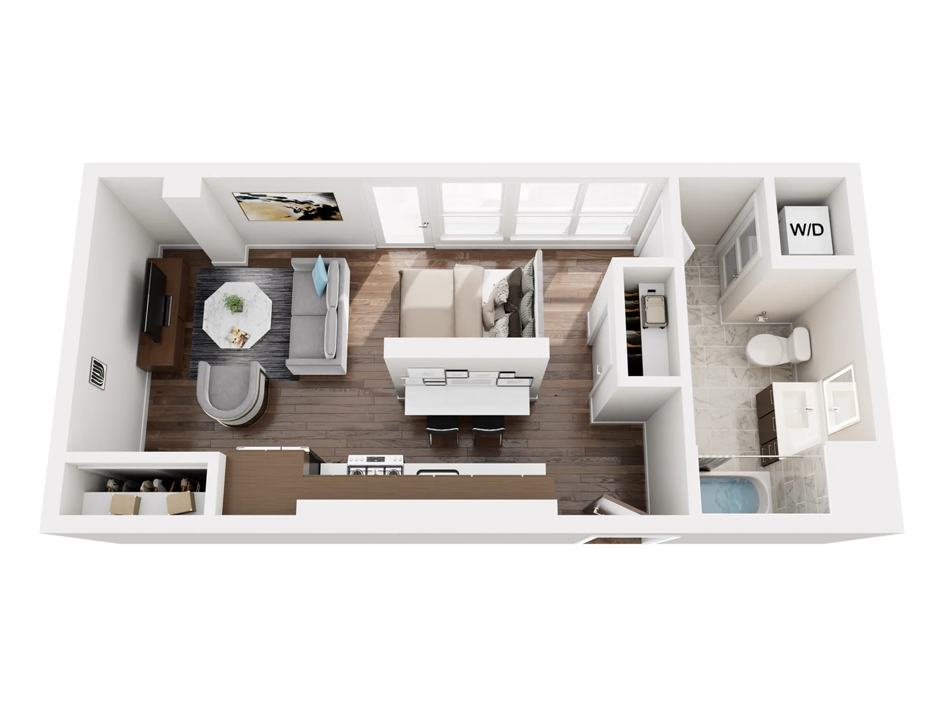 Modern 3D floor plan showcasing a cozy open-plan living area with a stylish kitchen, elegant bathroom, and conveniently located W/D space.