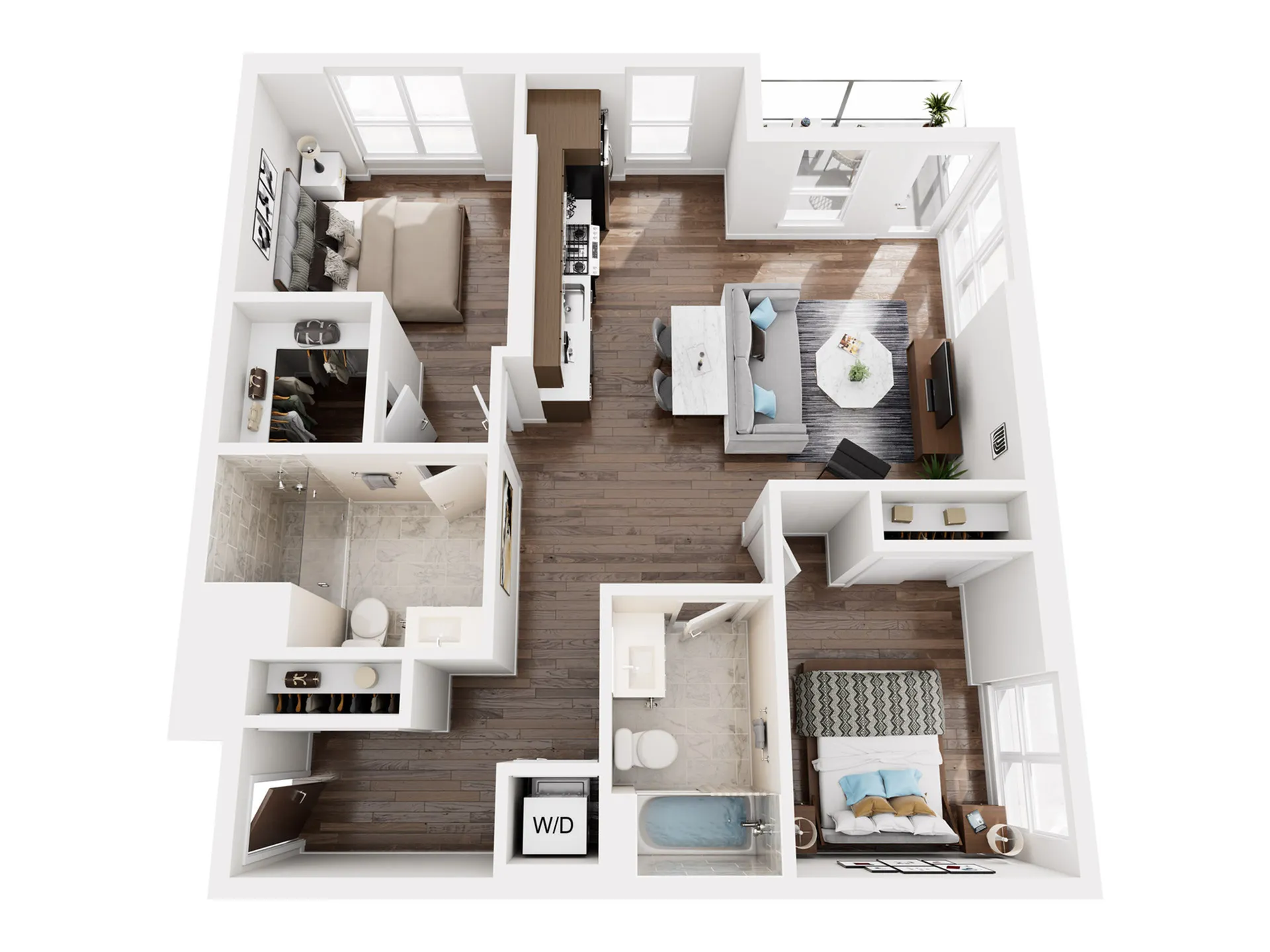 Modern 3D apartment floor plan showcasing 2 bedrooms, an elegant open-concept living area, stylish kitchen, and two sleek bathrooms with wood flooring.