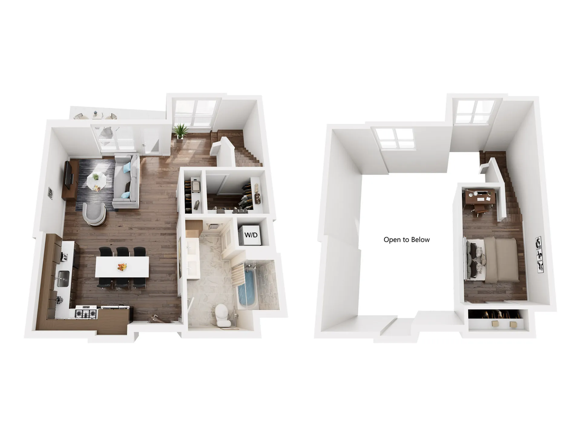 Chic two-level floor plan featuring an open-concept living area, modern kitchen, and cozy bedroom loft with skylights.