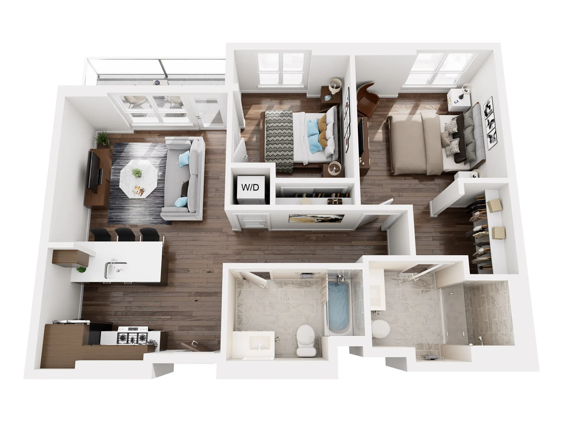 Modern floor plan showcasing two bedrooms, inviting living area, and sleek kitchen with bar seating and washer/dryer unit.