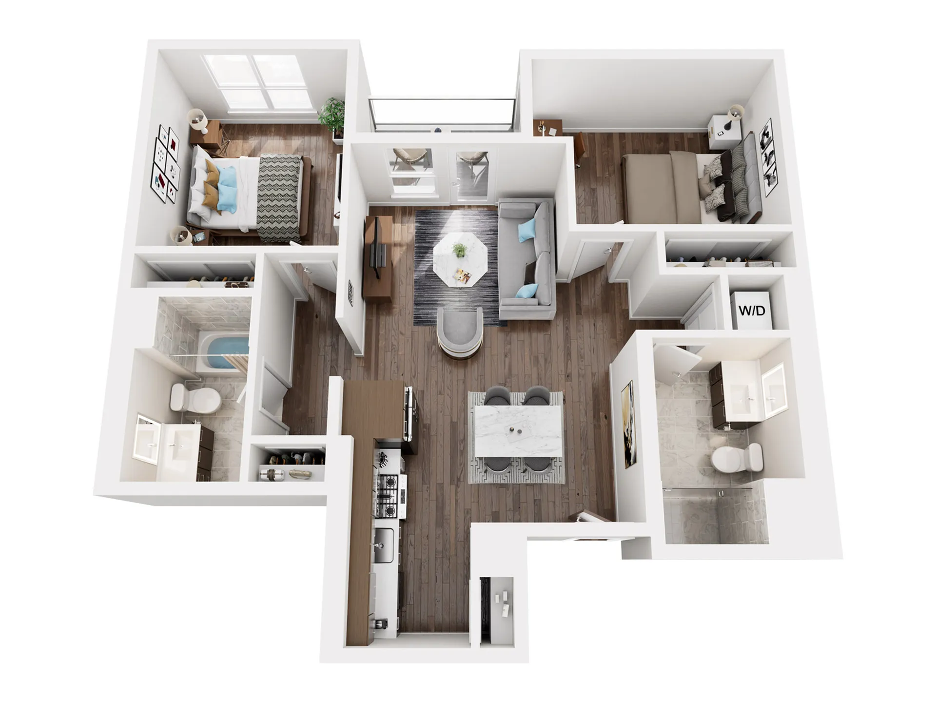 Sleek and modern floor plan featuring two cozy bedrooms, an open living area, elegant kitchen, and spacious bathroom, with stylish hardwood flooring throughout.