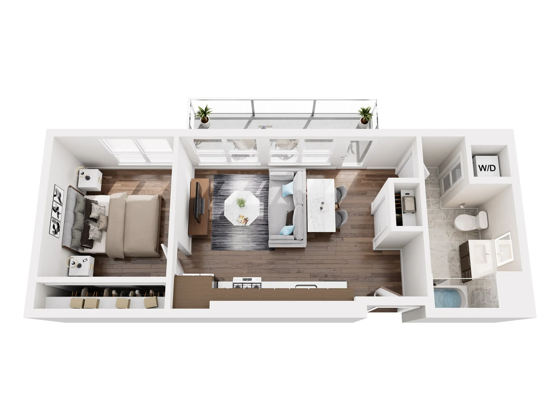 Contemporary open-plan apartment layout showcasing a spacious bedroom, modern living area, sleek kitchen, and elegant bathroom with washer/dryer unit.