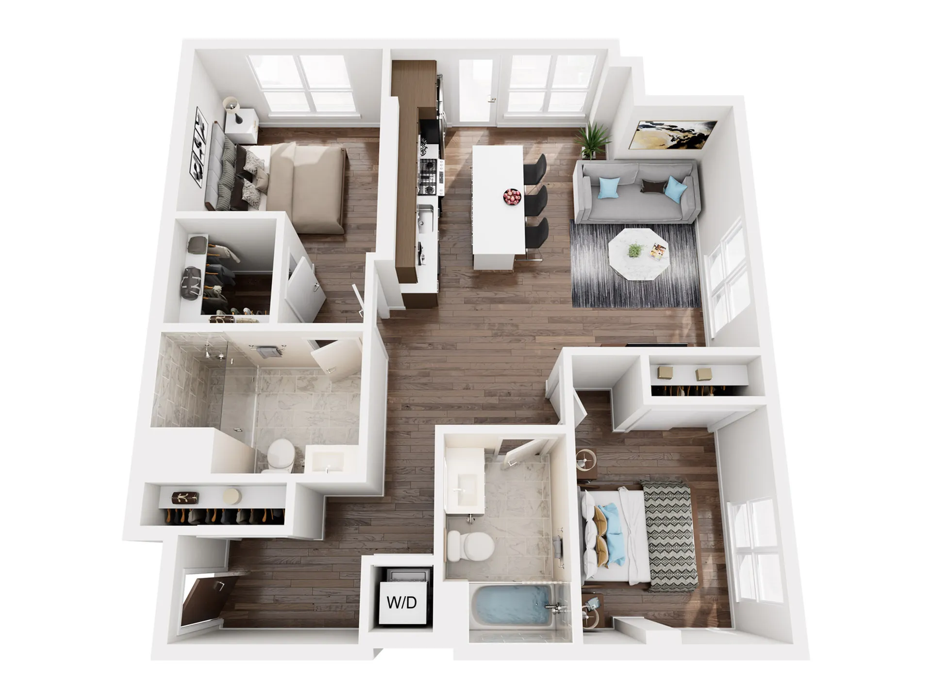 Chic and modern 3D floor plan showcasing 2 bedrooms, elegant living room, and sleek open kitchen with island seating.