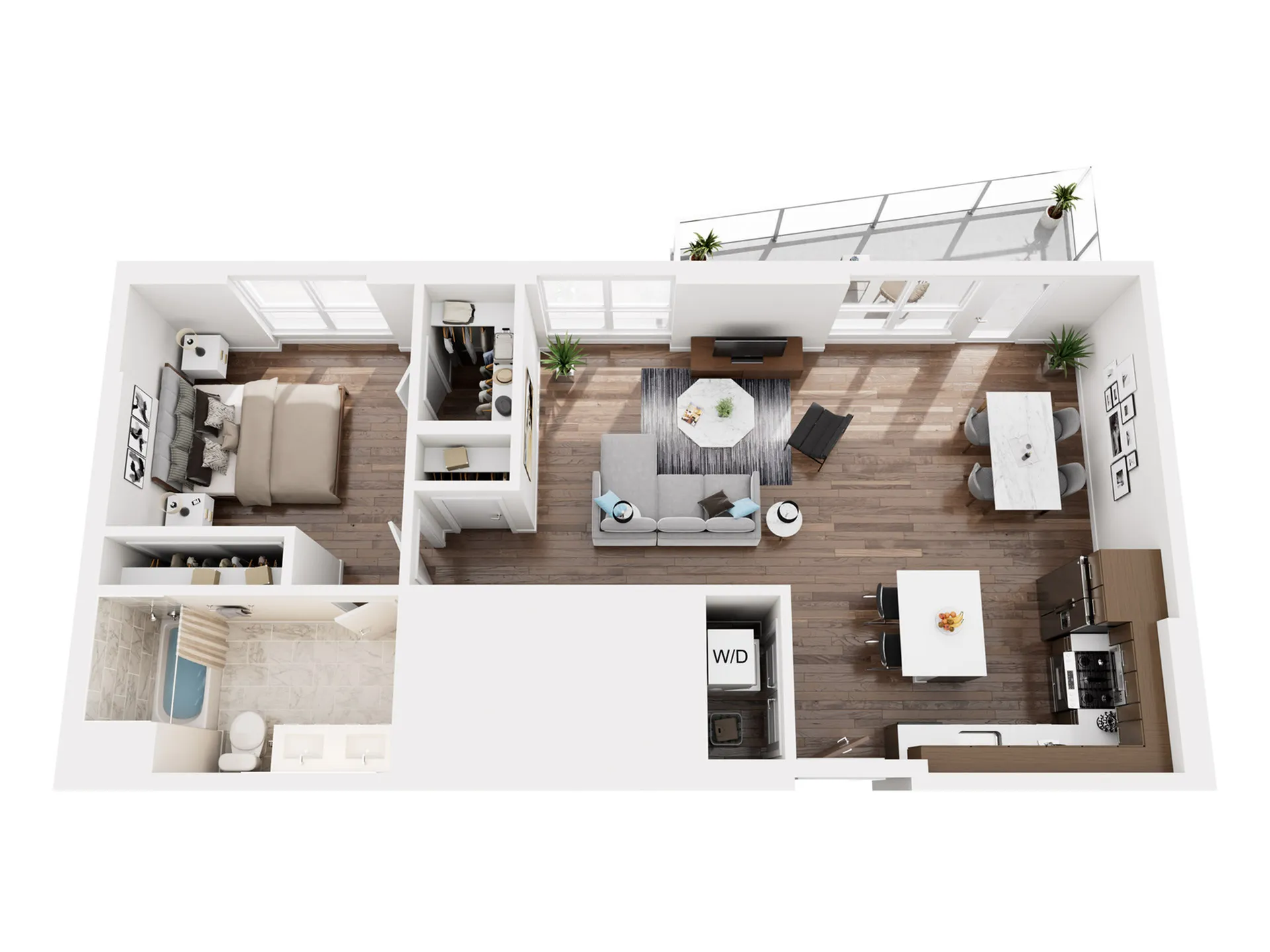 Modern open-concept apartment floor plan featuring one bedroom, a spacious living area with large windows, sleek kitchen, cozy dining space, and elegant bathroom.