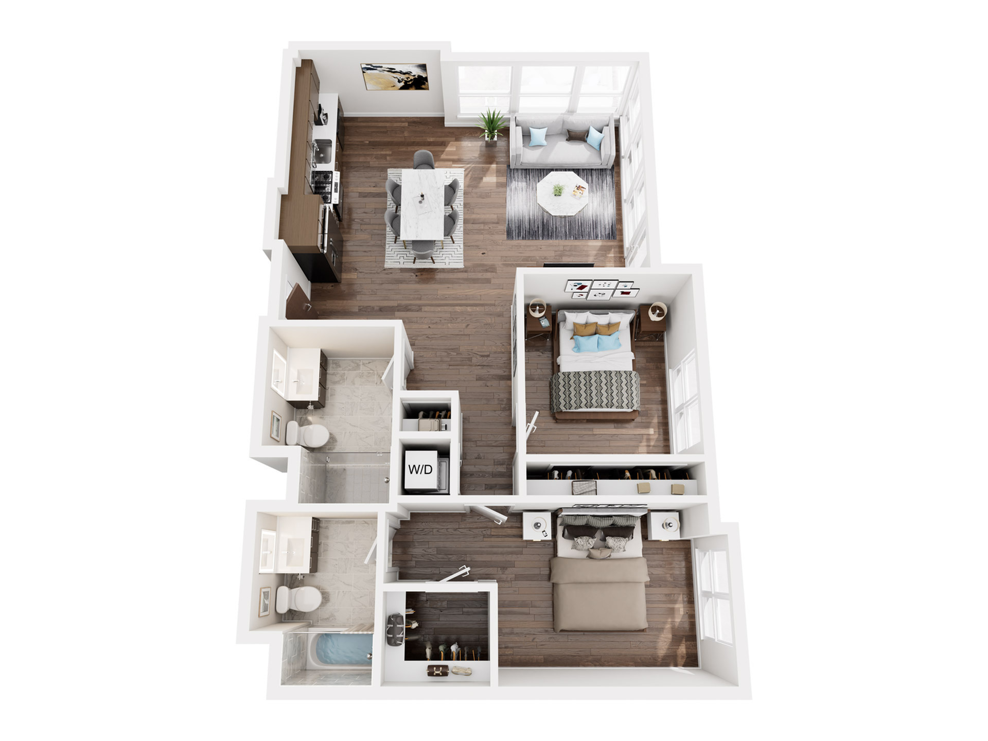 Modern 3D floor plan showcasing two bedrooms, open-concept living and dining area, sleek kitchen, and two spacious bathrooms with elegant decor.