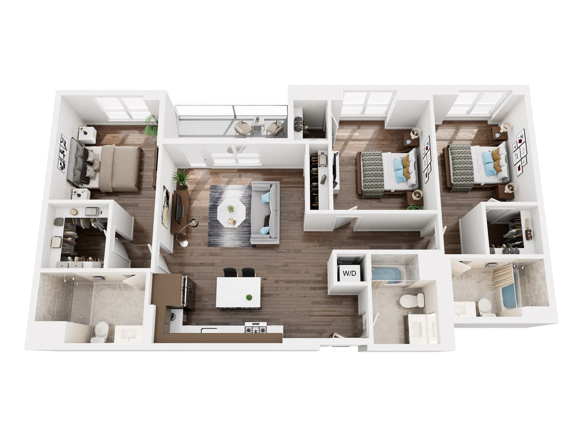 Modern 3D floor plan showcasing 3 spacious bedrooms, open living area, balcony, and sleek kitchen.