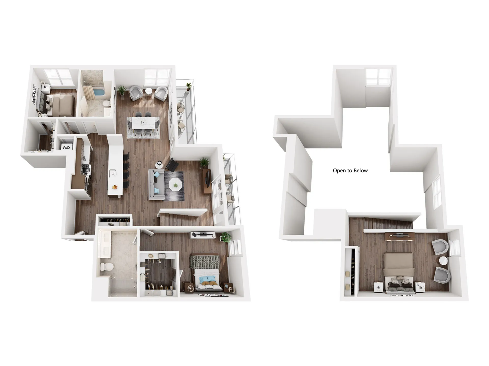 Elegant two-level floor plan featuring two bedrooms, modern kitchen, cozy living area, and open loft space.