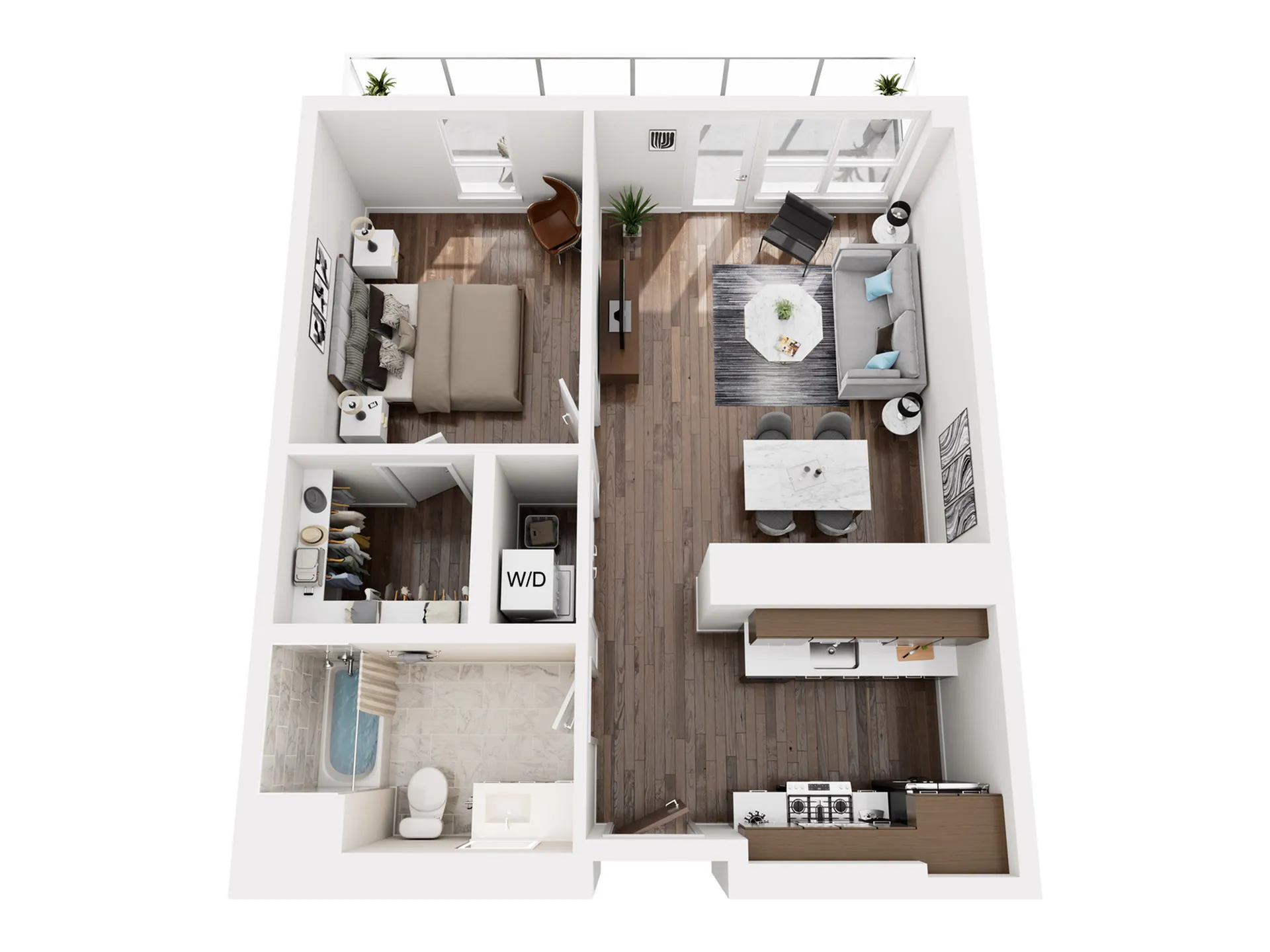 Modern 3D floor plan featuring a spacious one-bedroom apartment with open-concept living and dining area, elegant kitchen, and a cozy balcony.