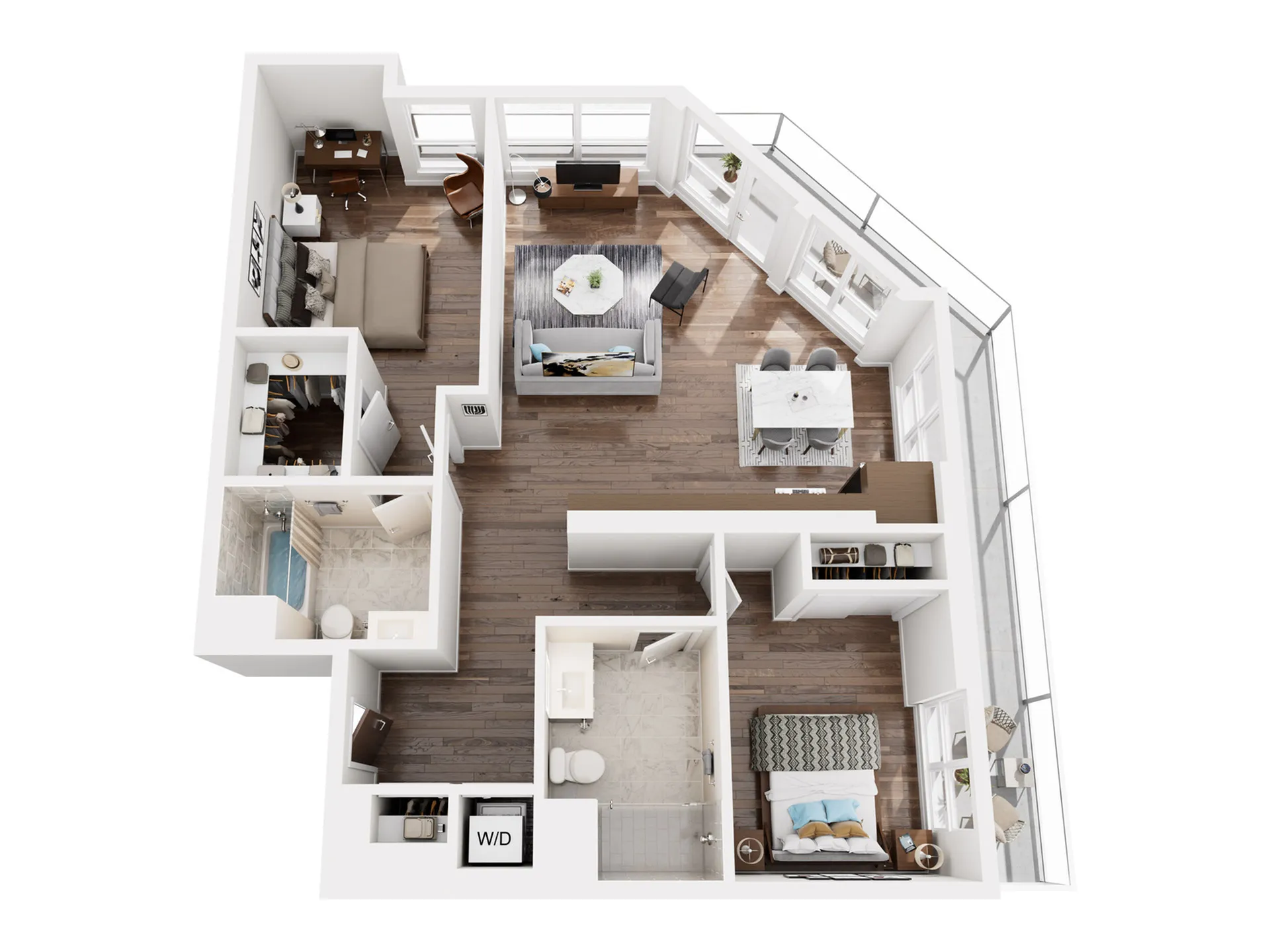 Modern 3D floor plan showcasing 2 bedrooms, a stylish open living and dining area, and a sleek kitchen with a scenic balcony view.