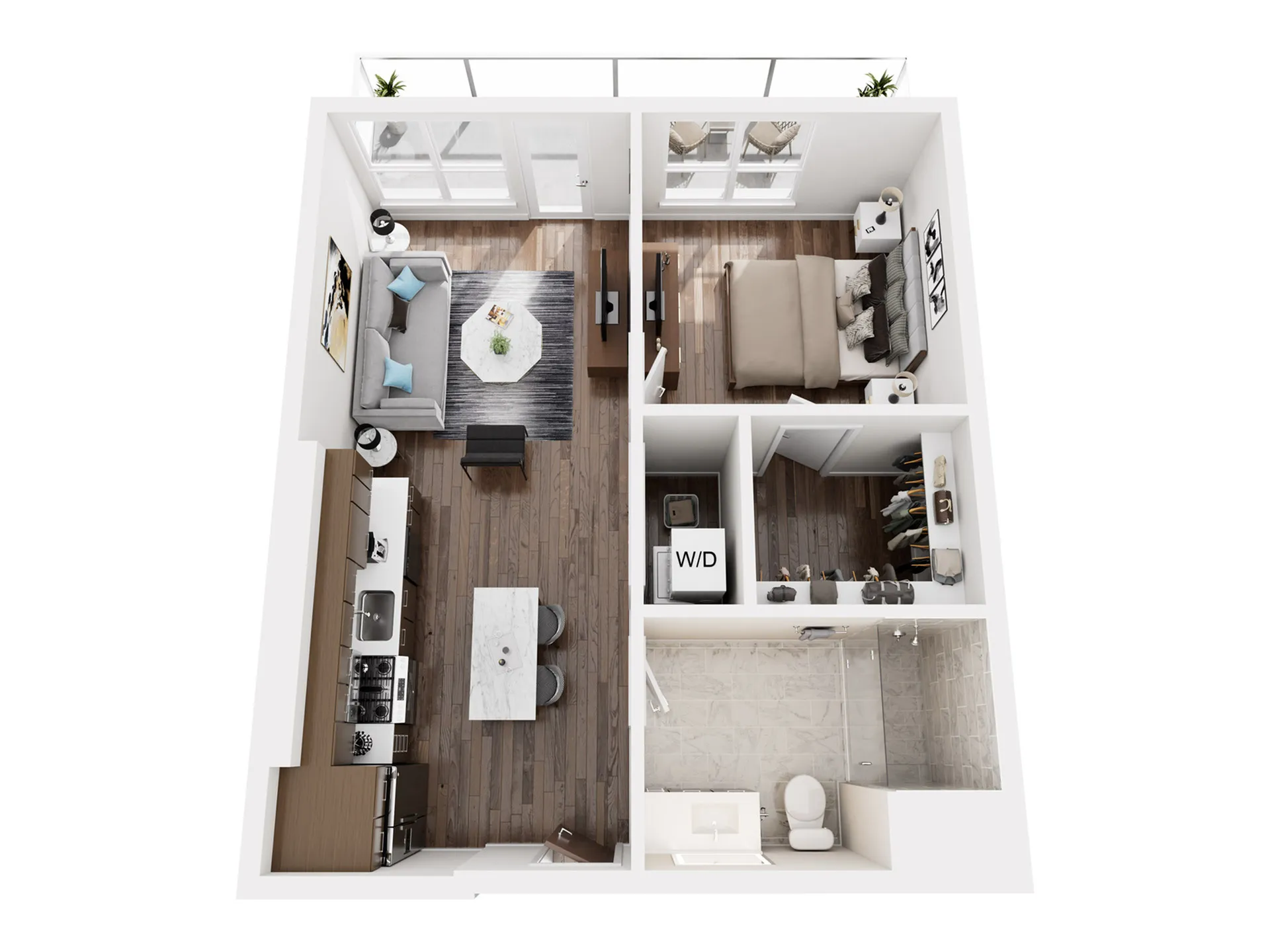 Modern open-concept apartment floor plan with a cozy bedroom, stylish living area, sleek kitchen, and compact bathroom, ideal for urban living.