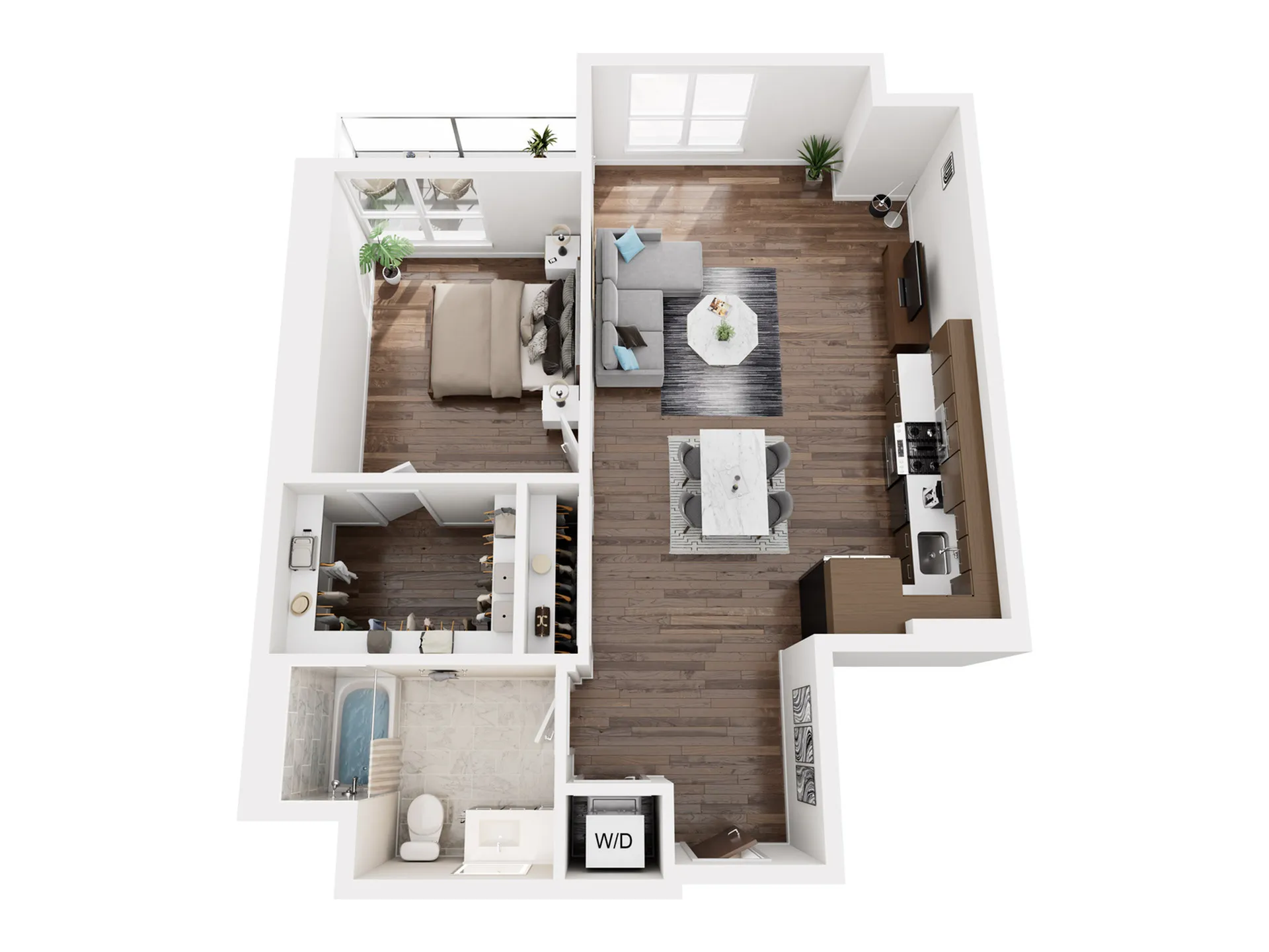 Contemporary 3D floor plan showcasing a cozy one-bedroom apartment with an elegant open-concept living area, modern kitchen, and a sleek bathroom.